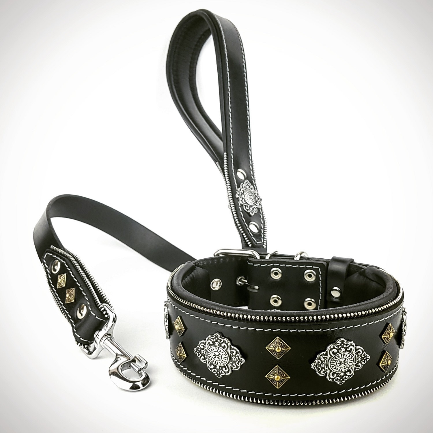 Aztec Black Leather Dog Collar & Leash Set – Padded Rivet Design