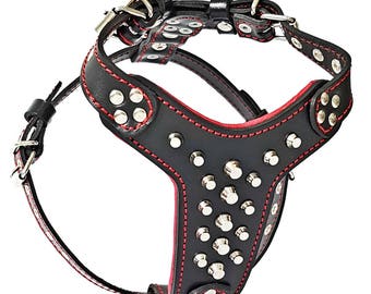 Bestia &quot;Rocky&quot; leather studded dog harness. 100% hand made & genuine leather. French Bulldog size