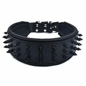 Bestia™ "Black Giant" Genuine leather Dog Collar with screw spikes and soft leather cushion. All black. 2.5 inch wide. Handmade in Europe!