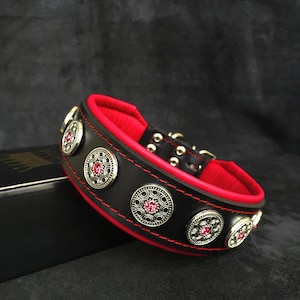 Bestia™ "bijou" genuine leather dog collar. Rhinestone rivet design. Soft padded on the inside. 2 inch wide. sizes M -XL. Hand made quality!