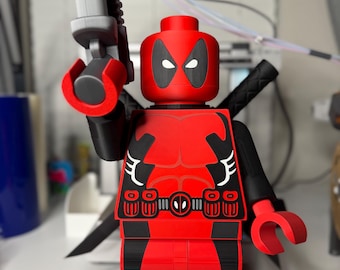 16 Inch Deadpool Brick Figure with Blades & Handgun | 3D Printed Marvel Display | Fan‑Made Collectible