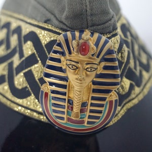 Upcycled German Garrison Cap with Egyptian King Tut Enamel Brooch, Military Fashion, Festival Fashion, Burning Man, Wearable Art