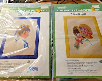 Vintage WonderArt Crewel Stitchery Kits: Sailor Boy & Flower Girl