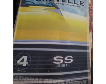 May include: A 1998 edition Chevelle parts and accessories catalog for 1964-1972 models. The cover features a yellow car hood, a black grille with an SS 396 emblem, and the text National Parts Depot with four distribution points listed.