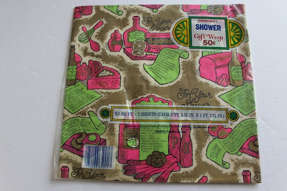 Vintage 70s Gift Wrap Paper, Bridal Shower Kitchen Theme (2 Sheets)