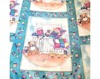 May include: Wrapping paper with a teal background featuring repeating rectangular panels. Each panel shows a white toy chest, a brown teddy bear, a clown doll with a colorful patchwork blanket, and a pull-toy duck train. Alphabet blocks and beads decorate the teal space.