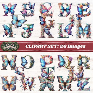 Alfabeto de mariposas de acuarela: imágenes PNG prediseñadas digitales imprimibles para diarios, álbumes de recortes, planificadores, manualidades y más.