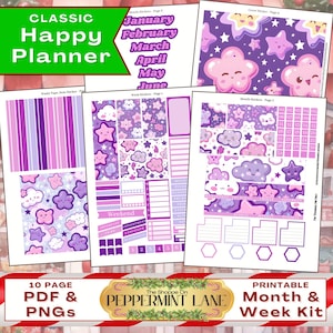 Kawaii Stars klassieke Happy Planner Vertical Week and Month stickerkit, digitaal, pdf, png, afdrukbare plannerstickers