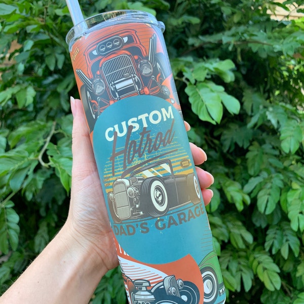 20 oz. Custom Hotrod, Dads Garage, Glow In The Dark Tumbler, Gift For Dad, With Lid And Straw