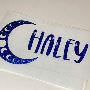 Name Decal, Decals For Tumblers, Stickers, Crescent Moon, Holographic Blue