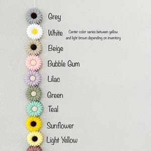 K&ouml;nnte beinhalten: Eine Sammlung von bl&uuml;tenf&ouml;rmigen Verzierungen in verschiedenen Farben, darunter Grau, Wei&szlig;, Beige, Bubblegum, Lila, Gr&uuml;n, T&uuml;rkis, Sonnenblume, Hellgelb und Malve. Der Text besagt, dass die Bl&uuml;tenmitte der wei&szlig;en G&auml;nsebl&uuml;mchen variiert.