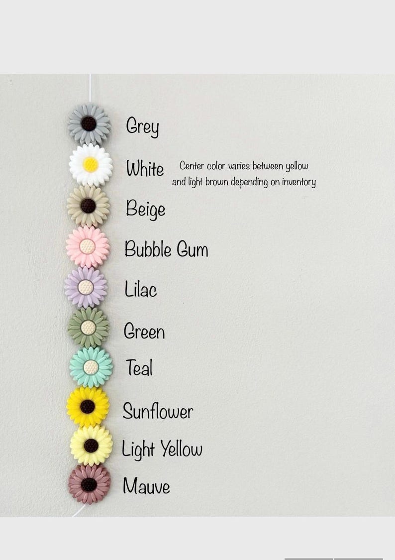 K&ouml;nnte beinhalten: Eine Sammlung von bl&uuml;tenf&ouml;rmigen Verzierungen in verschiedenen Farben, darunter Grau, Wei&szlig;, Beige, Bubblegum, Lila, Gr&uuml;n, T&uuml;rkis, Sonnenblume, Hellgelb und Malve. Der Text besagt, dass die Bl&uuml;tenmitte der wei&szlig;en G&auml;nsebl&uuml;mchen variiert.