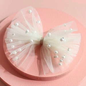 The Princess Tutu Bow- Big ivory, Cream bow with layers of tulle and pearls, bridal bow, wedding hair