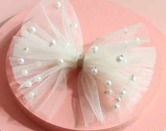 The Princess Tutu Bow- Big ivory, Cream bow with layers of tulle and pearls, bridal bow, wedding hair