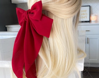 The Suzanne Red Bow- big, double layered bright Christmas Red hair clip, holiday hair accessory