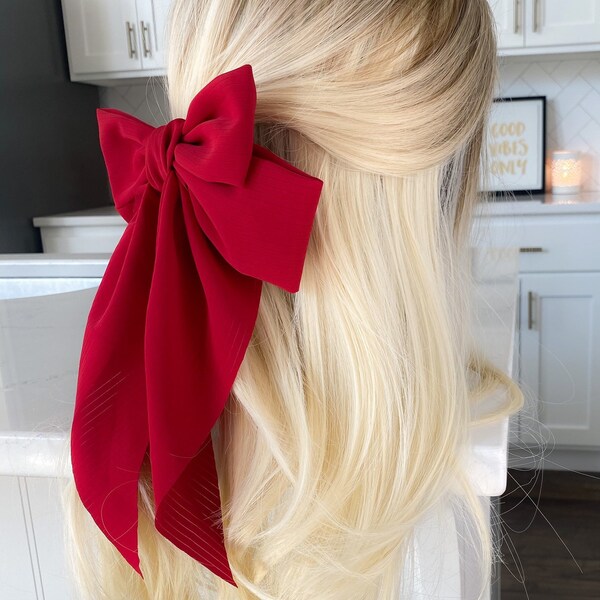 The Suzanne Red Bow- big, double layered bright Christmas Red hair clip, holiday hair accessory