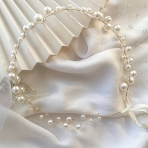 Princess Pearl Crown - a hair wreath halo of ivory pearls & ribbon, wedding bridal hair, simple flower girl hair, boho wedding, bridesmaids