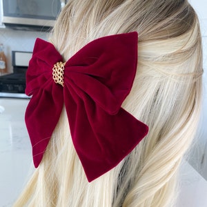 The Holly Red Bow- big, double layered bright Christmas Red hair clip, holiday hair accessory with gold chain detail