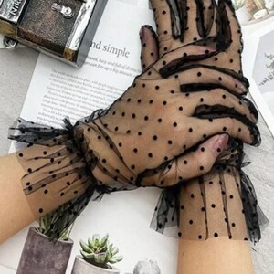 The Carlotta Black Mesh Ruffled Lace Gloves Swiss Dot Formal event accessories