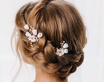 Gold  floral Bridal Hair Pins - 2 wedding hair pins with beads, white flowers, wedding hair bridal updos, bridesmaids hair pin