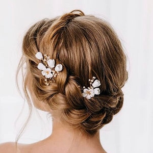 Gold floral Bridal Hair Pins - 2 wedding hair pins with beads, white flowers, wedding hair bridal updos, bridesmaids hair pin