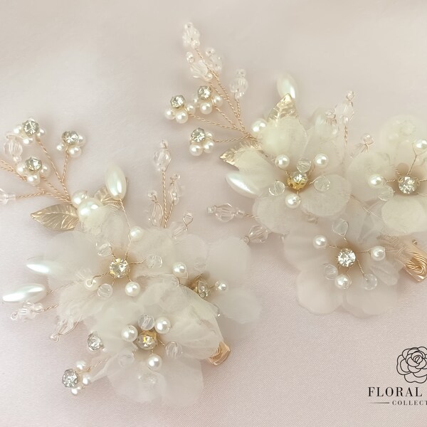 Wedding Bridal pearl Clips - 2 pcs Ivory Flower Floral hair Clips, flower girl hair, bridesmaid hair