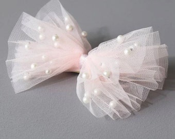 The Tutu Princess Bow - Soft Pink tulle with pearls clip or headband