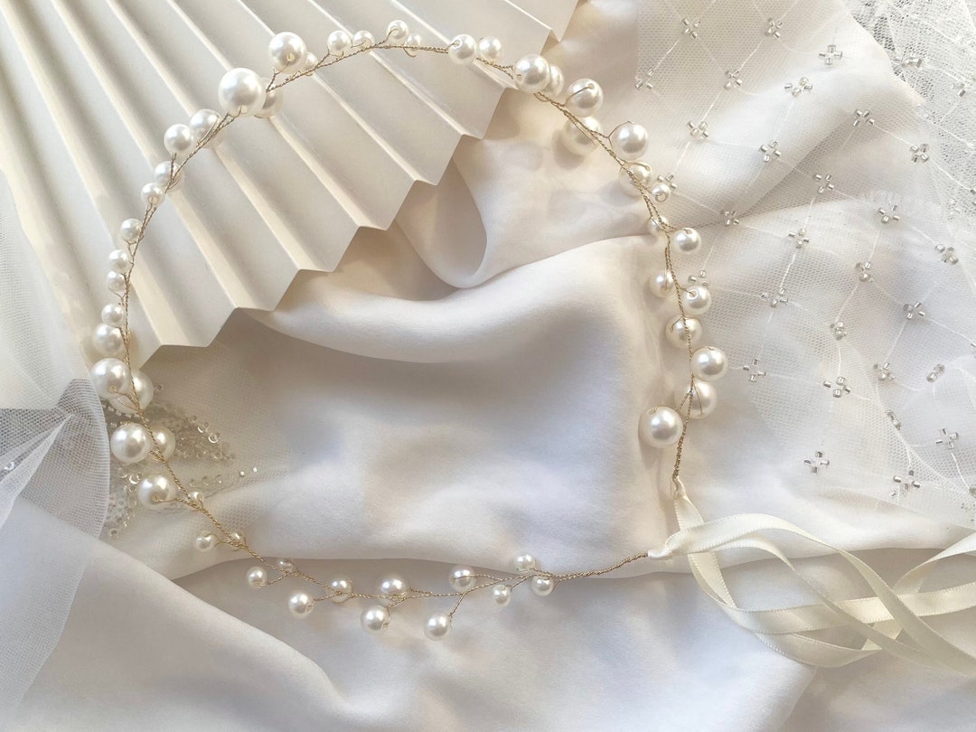 Princess Pearl Crown a Hair Wreath Halo of Ivory Pearls & Ribbon ...