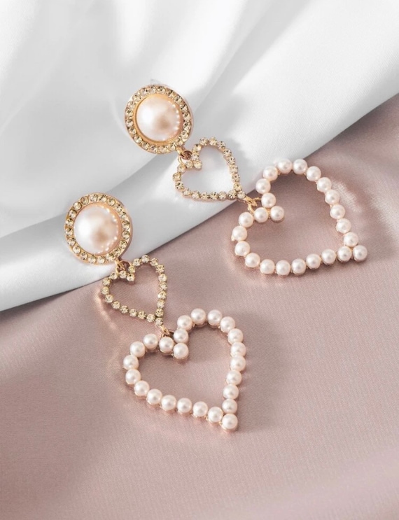 Valentines Heart Pearl Earrings Gold Dangle Earrings Heart - Etsy
