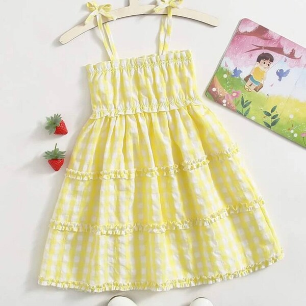 The Daisy Dress- yellow white striped gingham print toddler girl summer flowy dress, Easter cami shirred dress ruffle trim, cute baby outfit