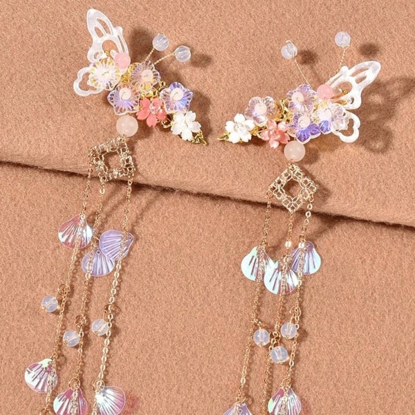 Clips pendants en forme de nacre florale sirène fée, séance photo de fées, pinces à cheveux dorées, ailes de papillon, accessoires pour cheveux