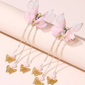 Gold Butterfly Hair Dangle Clips- 2 pcs Pink Hair Decor Jewelry 3D