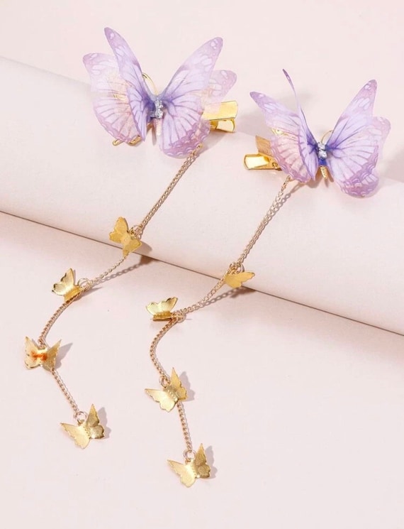 Purple & Gold Butterfly Hair Dangle Clips 2 Pcs Pink Hair Etsy