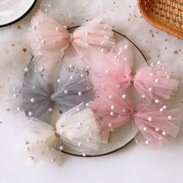 The Tutu Princess Bow - Soft Pink, ivory, blush or rose tulle with pearls clip or headband