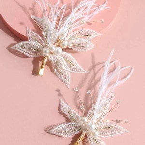 The Yvette Feather Clip- ivory ostrich feather rhinestones, gold embroidery, appliqué flower girl, pearl costume hair accessories, wedding