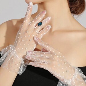 The Valentina White Polka Dot Mesh Bridal Gloves