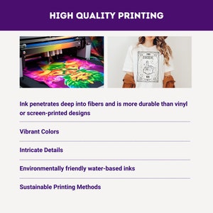 High quality direct to garment printing. Ink penetrates deep into fibers and is more durable than vinyl or screen-printed designs.