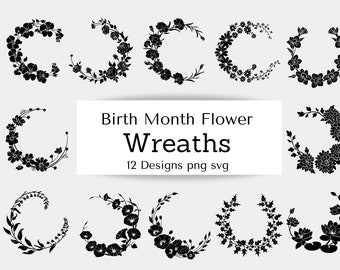 Birth Month Flower Wreath, Clip Art Flower Wreath, Botanical SVG, Floral Wreath Clip Art, Png, Floral Frame Bundle, Wildflower Frame