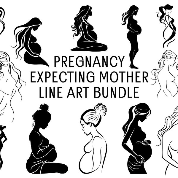 Pregnancy SVG Bundle, Pregnant Woman Line Art, Expecting Mother Woman Body, Png, Svg, Pregnancy Logo, Female Body Clipart.