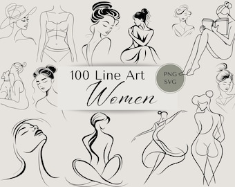 100 Woman Line Art Mega Bundle, 100 Svg Png Female Body Art, Self-care clipart, Nude Woman Art, Female Form, Wellness Svg, Woman logo.