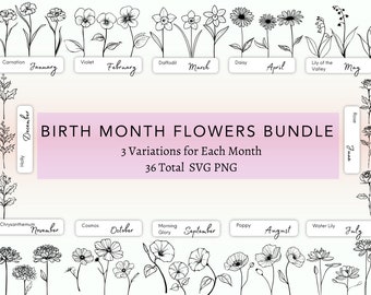 Birth Month Flower Svg Bundle, Birth Flower Clip Art, SVG Cut File, Delicate Floral Line Art, Minimalist  Line Art, Flower Logo Elements