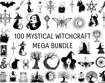 Mystical Witchcraft SVG Mega Bundle, 100 svg, png files, Cat svg, Witch, Broom, Graveyard, Tarot, Dagger, Celestial, Occult Symbolism,Svg