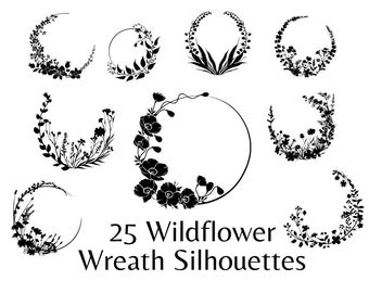 Wildflower Wreath Silhouette SVG, Floral Wreath Bundle, Circle Monogram Botanical Clip Art, Hand Drawn Wreath, Flower Circle Frame