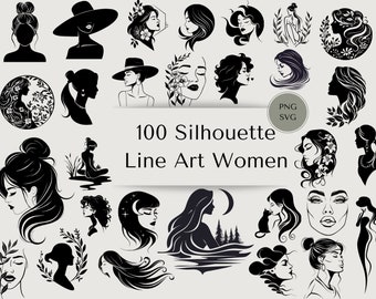 100 Woman Silhouette Line Art Mega Bundle, Beauty Product Label, Hair Salon Logo, svg, png, Female Face, Hair svg Bundle, Wellness Clipart