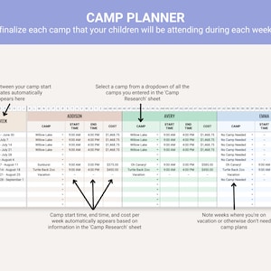 Complete Summer Camp Planner Spreadsheet, Camp Expense Tracker, Digital Camp Planner, Kid Activity Schedule, Google Sheet Template image 4