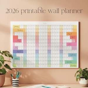 Peut inclure: Un planificateur mural imprimable 2026 avec une bordure blanche. La grille du calendrier est divisée en mois, chacun avec une couleur pastel différente. Le texte "2026 printable wall planner" est en haut en écriture noire.