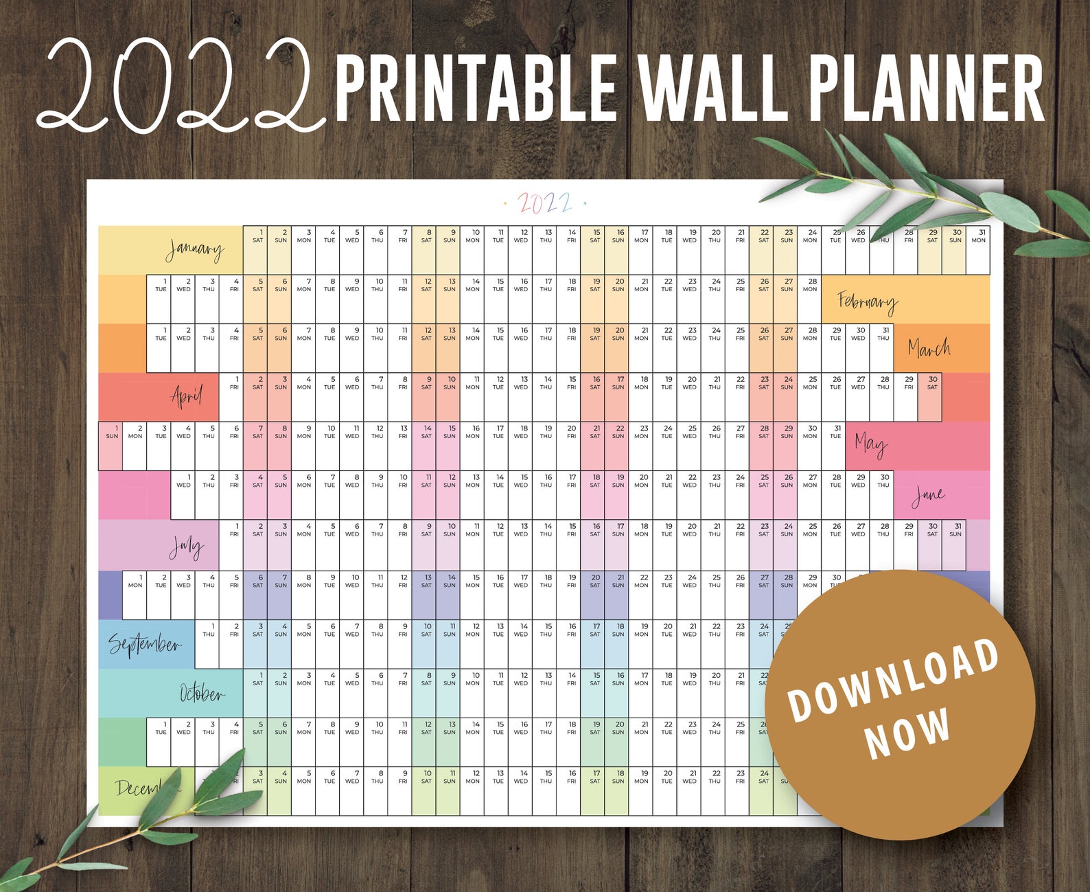 2022 wall planner printable calendar rainbow family etsy