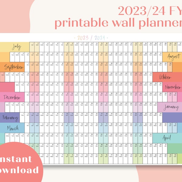 2023 / 2024 Australia Financial Year Wall Planner Rainbow, Printable Calendar, Minimalist, Aligned weekends, A1 A2 A3 Planner School Planner