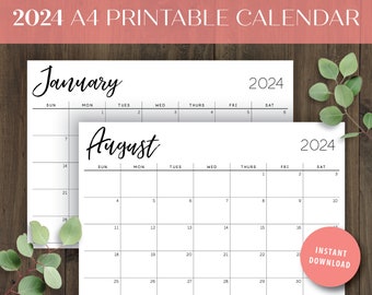 2024 Printable Calendar A4, 12 Month Calendar, Wall Art, 7 day, Monthly Calendar, Desk Calendar, Digital Calendar, Sunday Start, DIY