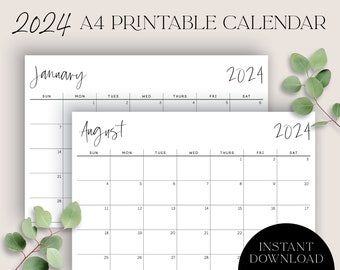 2024 Printable Calendar A4, 12 Month Calendar, Wall Art, 7 day, Monthly Calendar, Desk Calendar, Digital Calendar, Sunday Start, Minimal